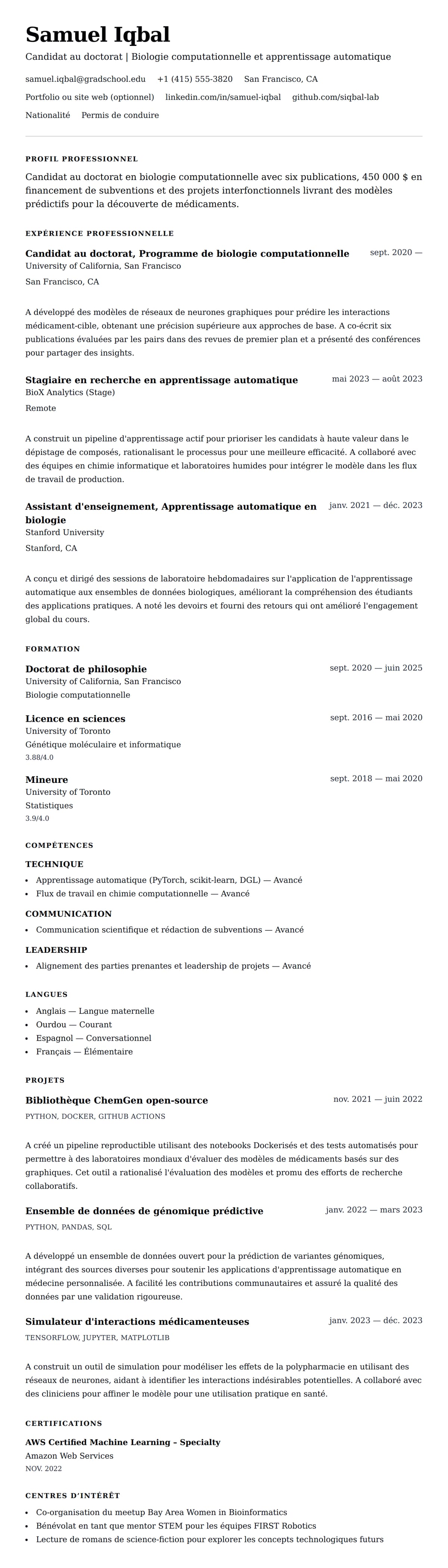 Aperçu du CV Exemple de CV de doctorat