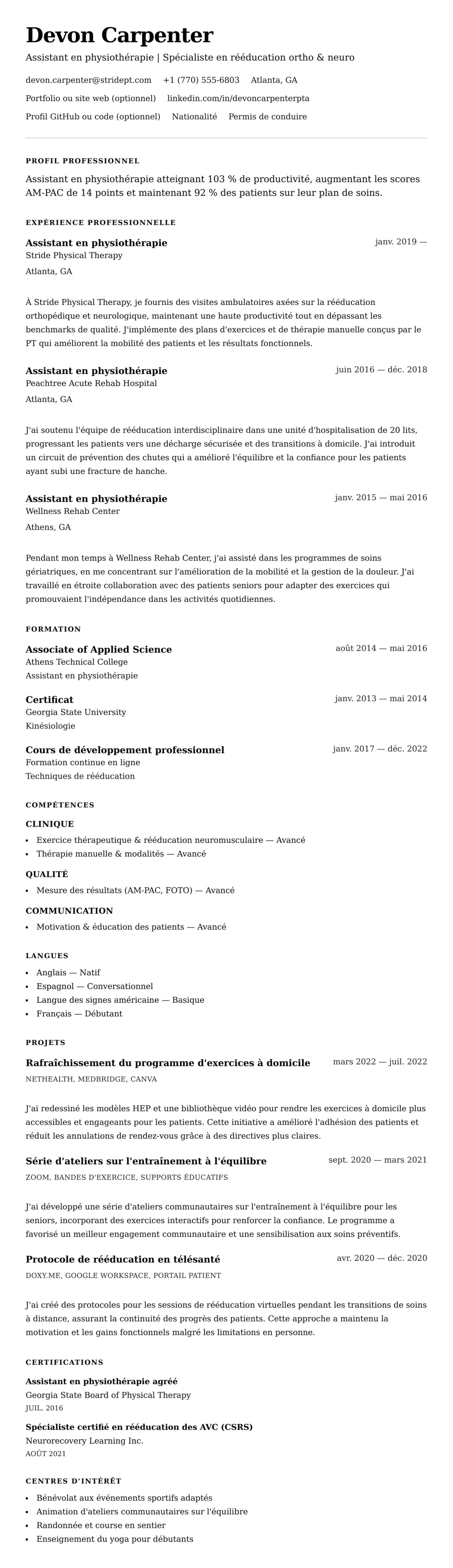 Aperçu du CV Exemple de CV d'Assistant en physiothérapie (PTA)
