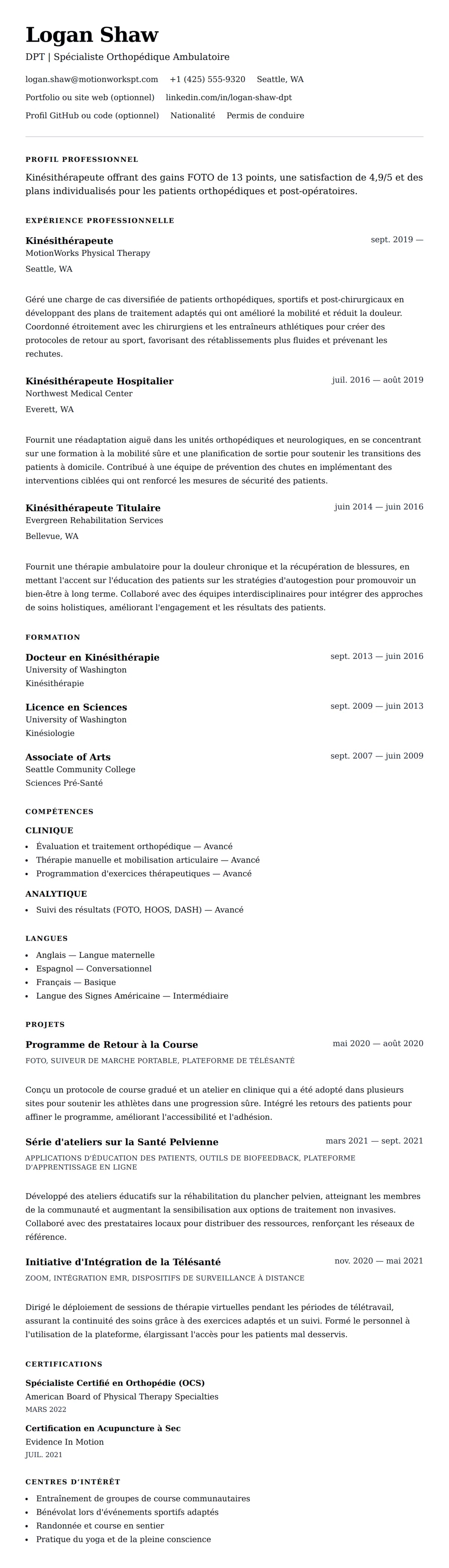 Aperçu du CV Exemple de CV de Kinésithérapeute
