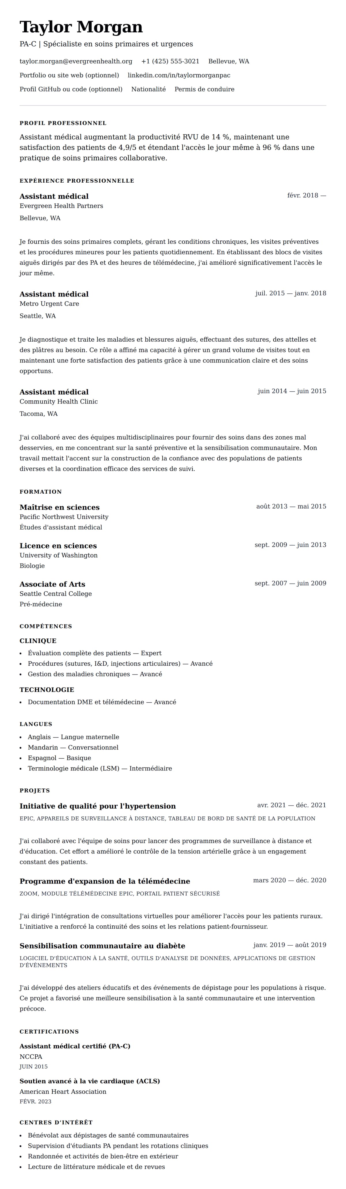Aperçu du CV Exemple de CV d'Assistant médical