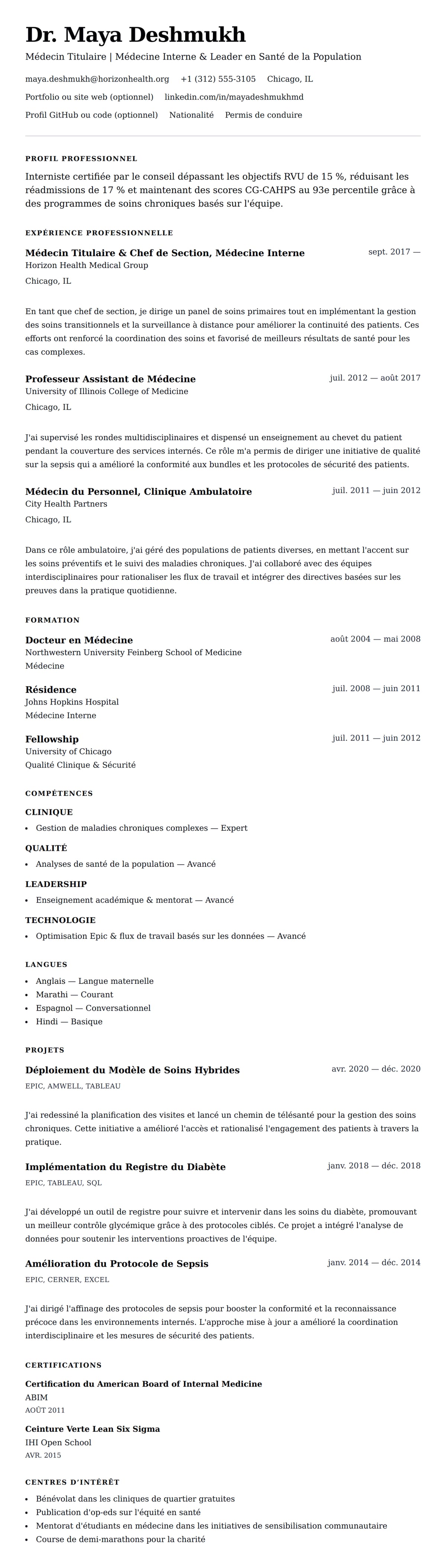 Aperçu du CV Exemple de CV de Médecin