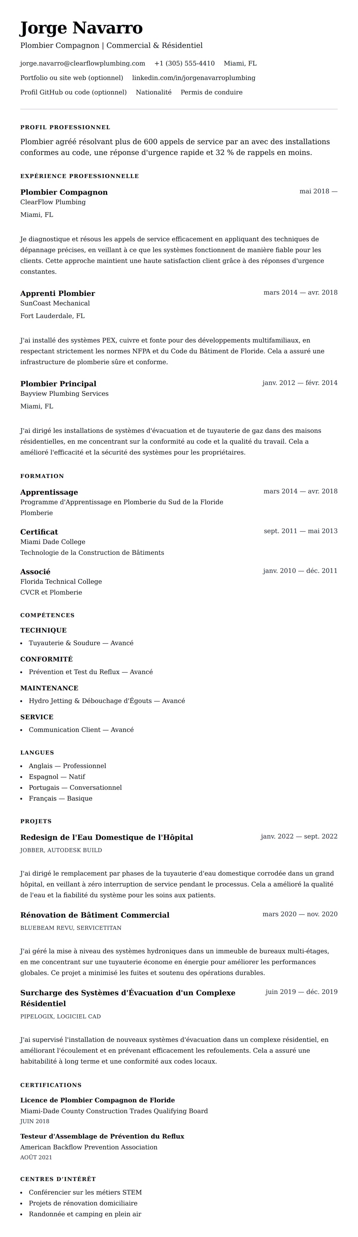Aperçu du CV Exemple de CV de Plombier