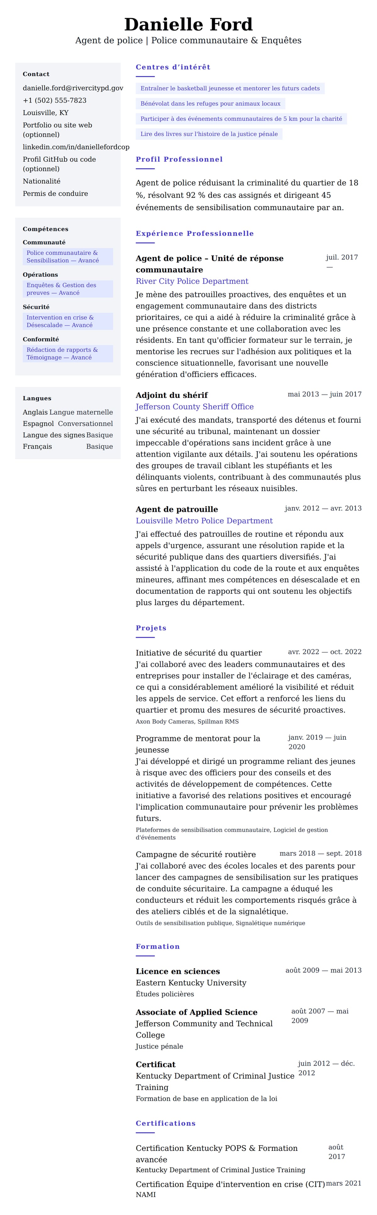 Aperçu du CV Exemple de CV d'agent de police