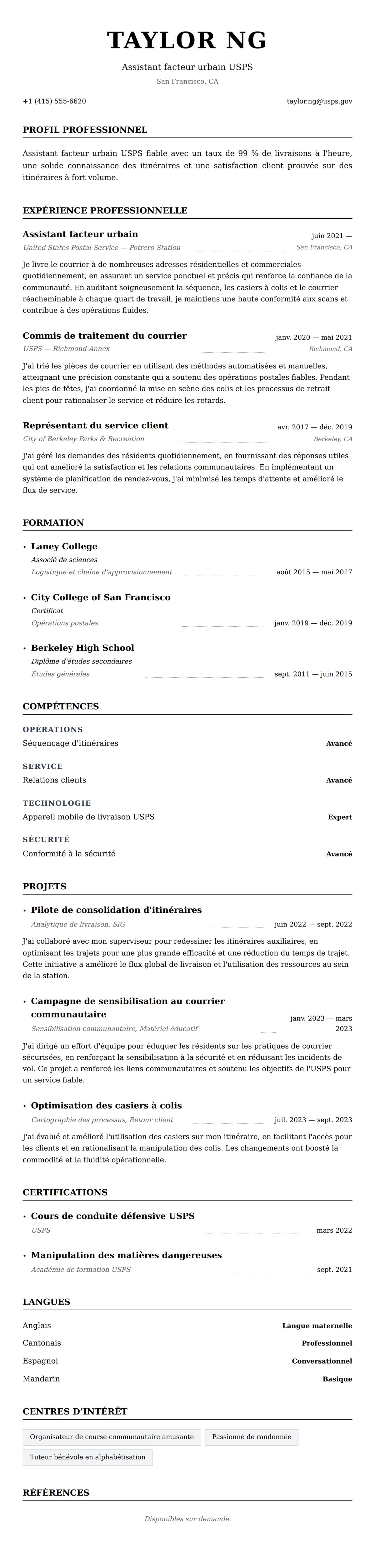 Aperçu du CV Exemple de CV d'employé du service postal