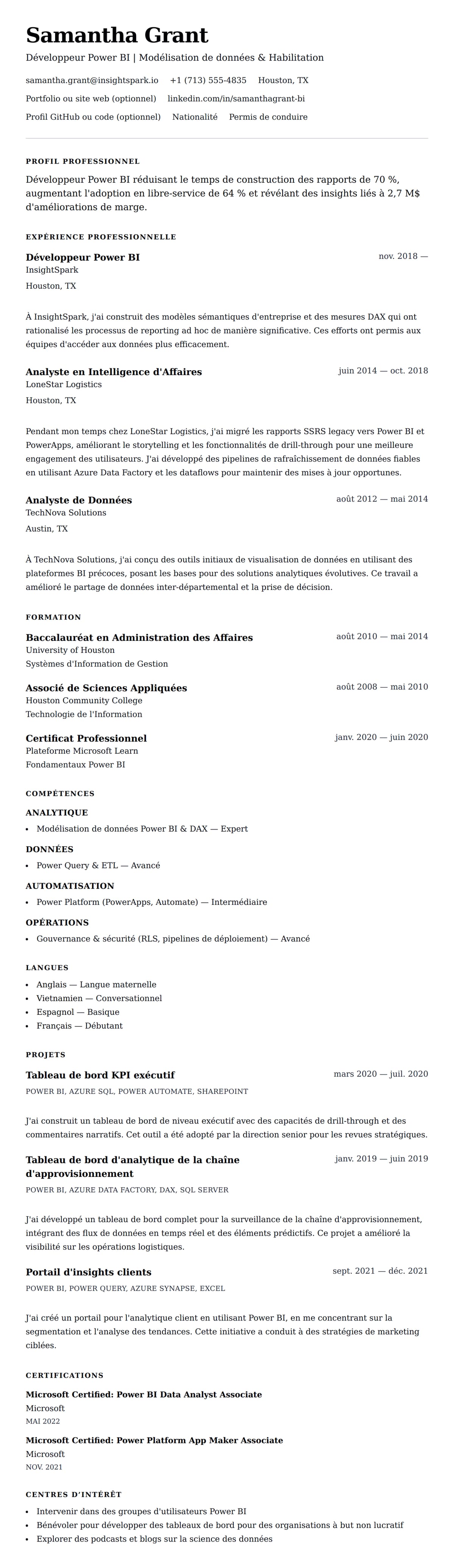 Aperçu du CV Exemple de CV de Développeur Power BI