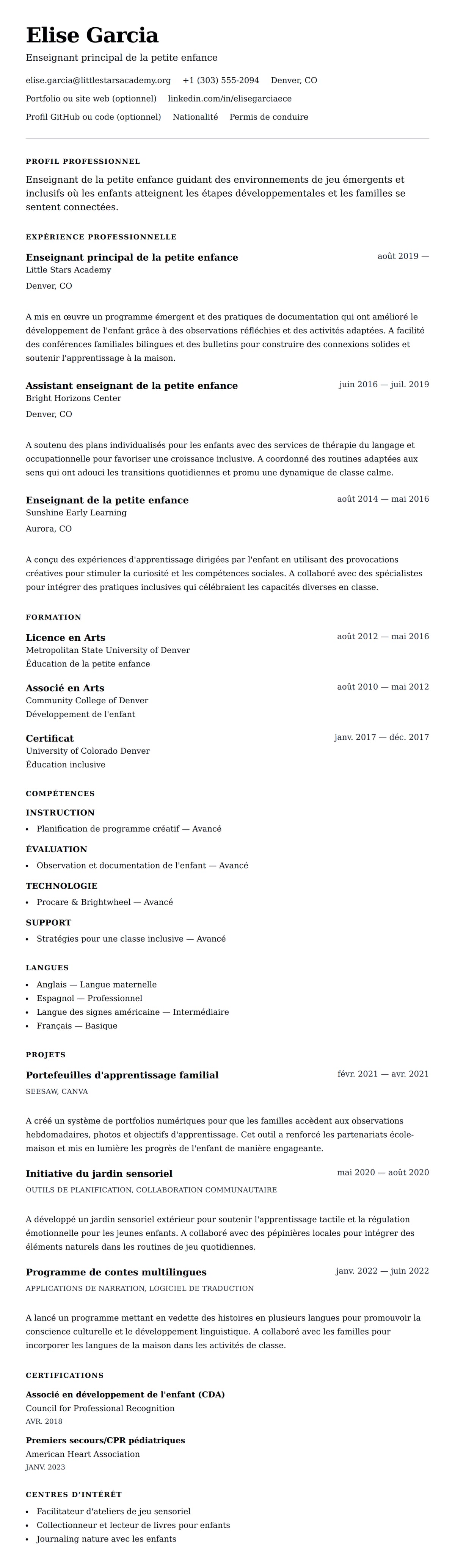 Aperçu du CV Exemple de CV pour Enseignant de la petite enfance