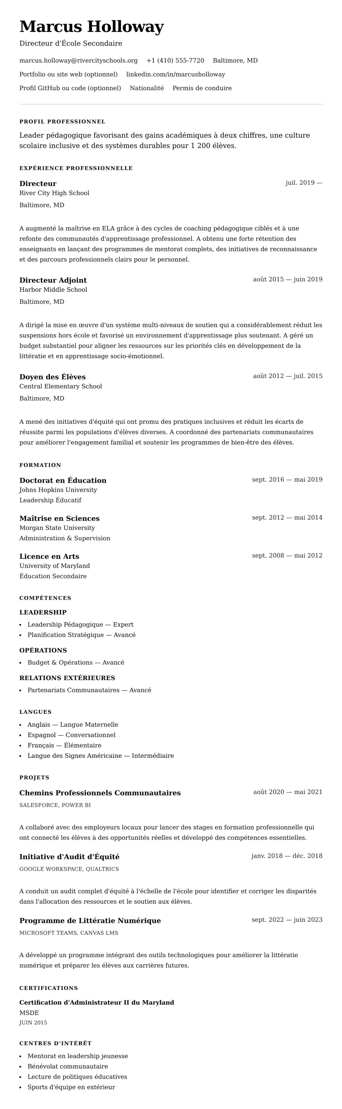 Aperçu du CV Exemple de CV de Directeur