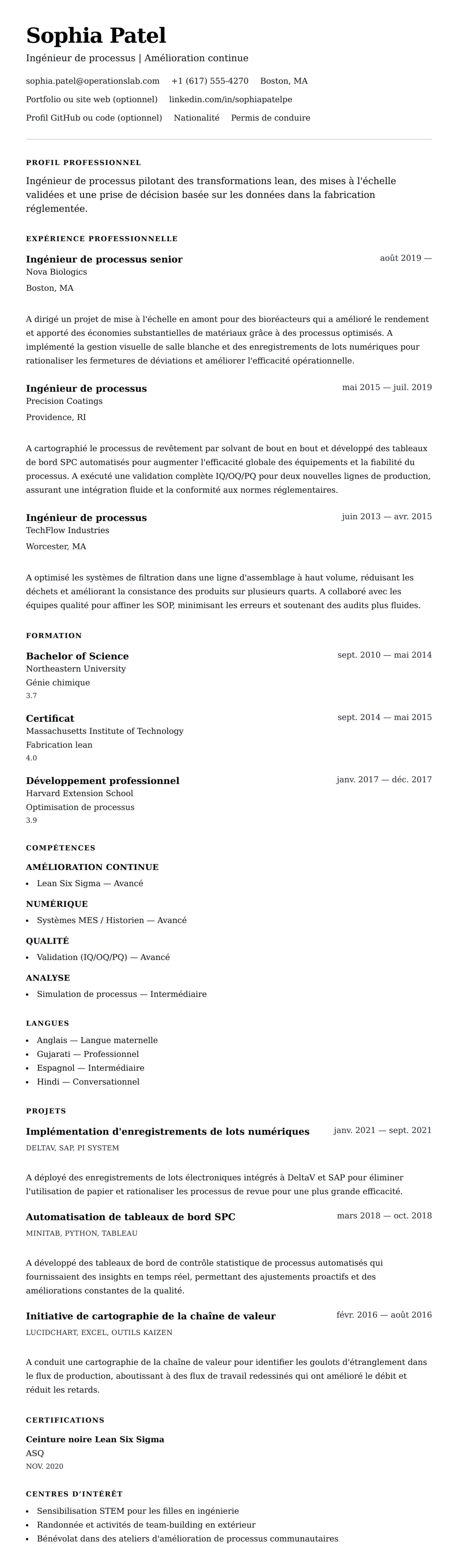 Aperçu du CV Exemple de CV d'Ingénieur de processus