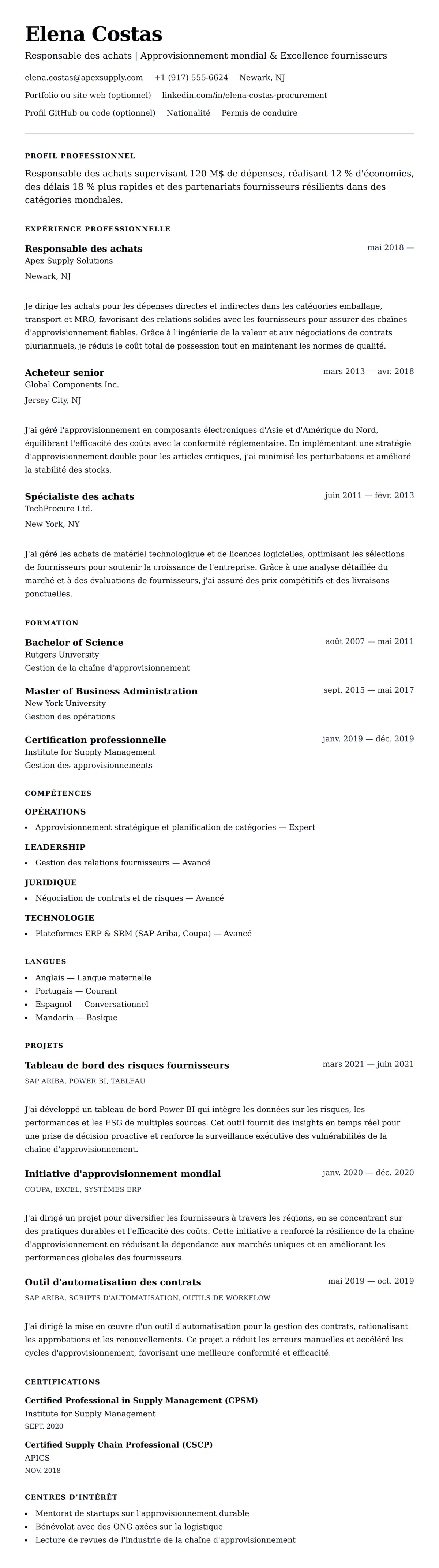 Aperçu du CV Exemple de CV de Responsable des achats