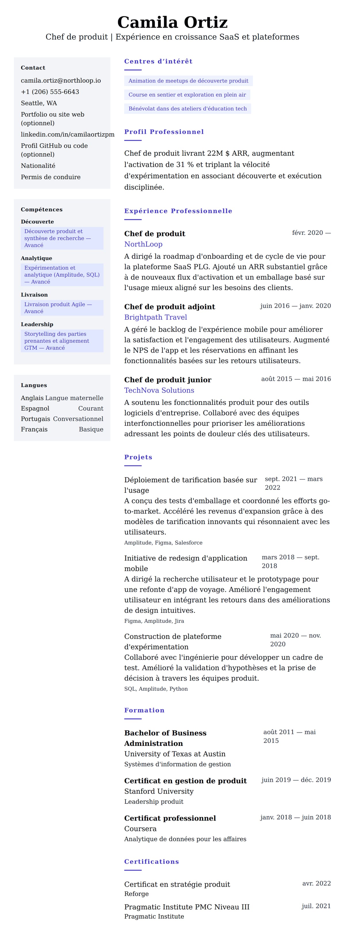 Aperçu du CV Exemple de CV de Chef de produit