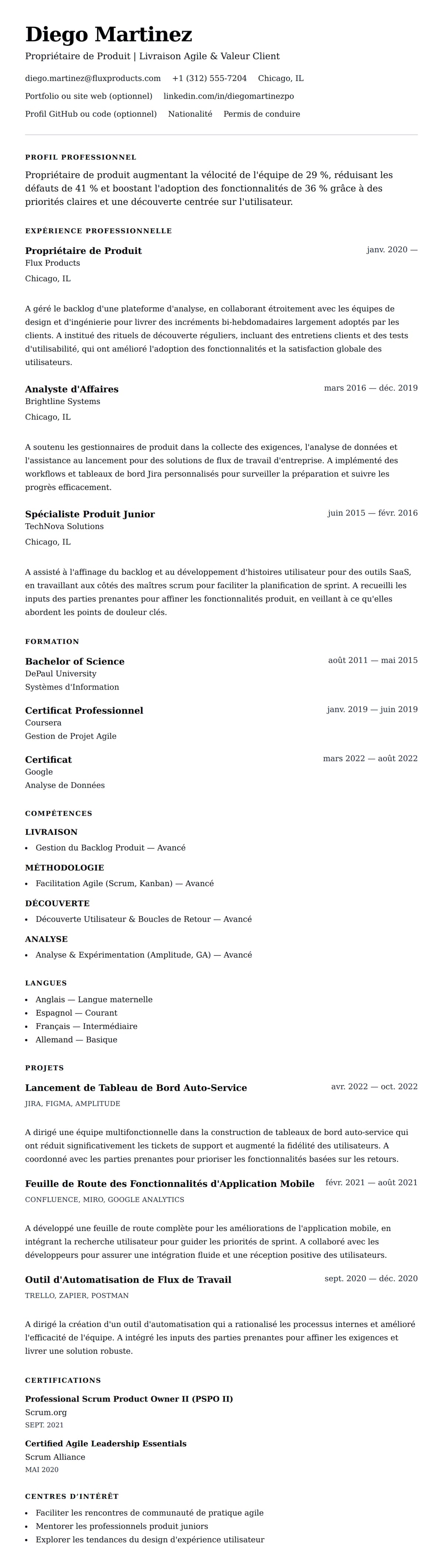 Aperçu du CV Exemple de CV de Propriétaire de Produit