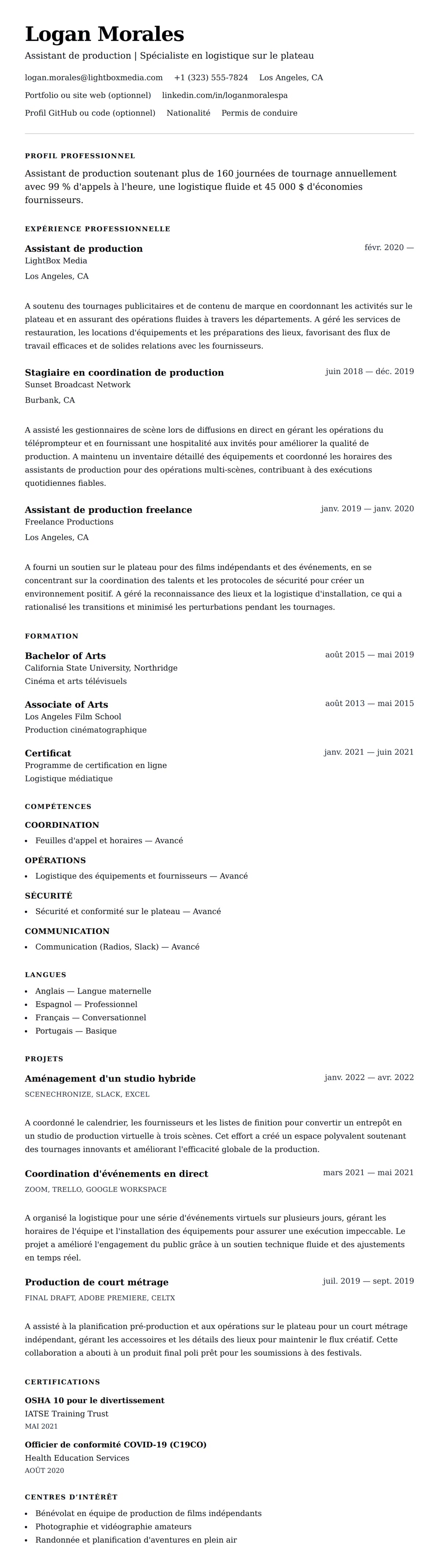 Aperçu du CV Exemple de CV d'Assistant de production