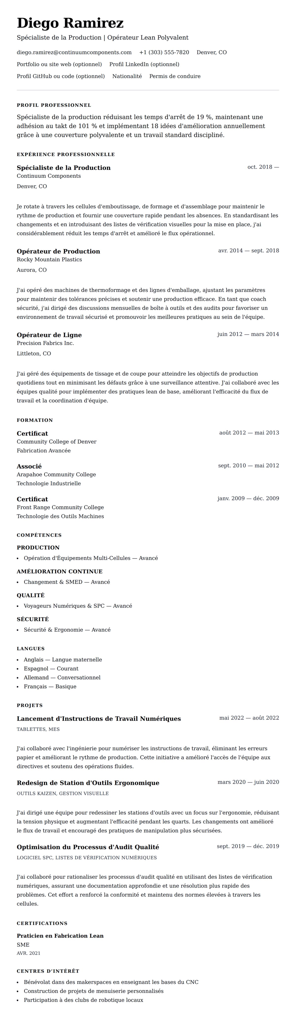 Aperçu du CV Exemple de CV de Spécialiste de la Production