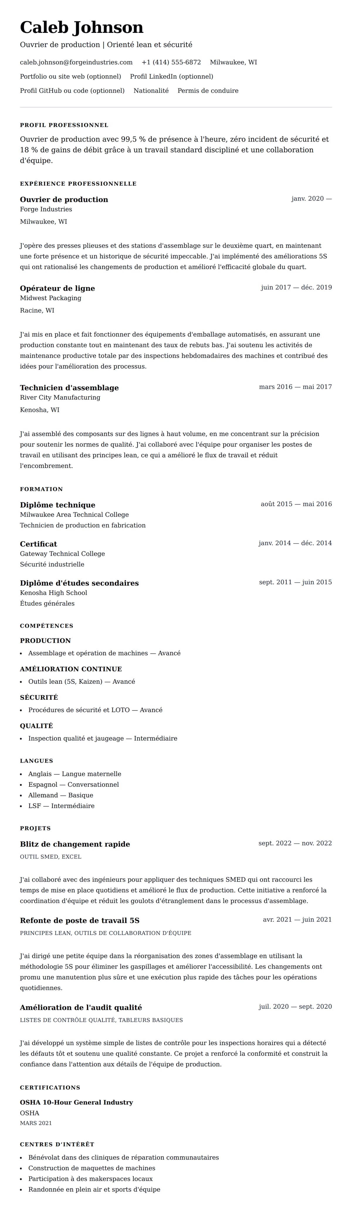 Aperçu du CV Exemple de CV d'ouvrier de production
