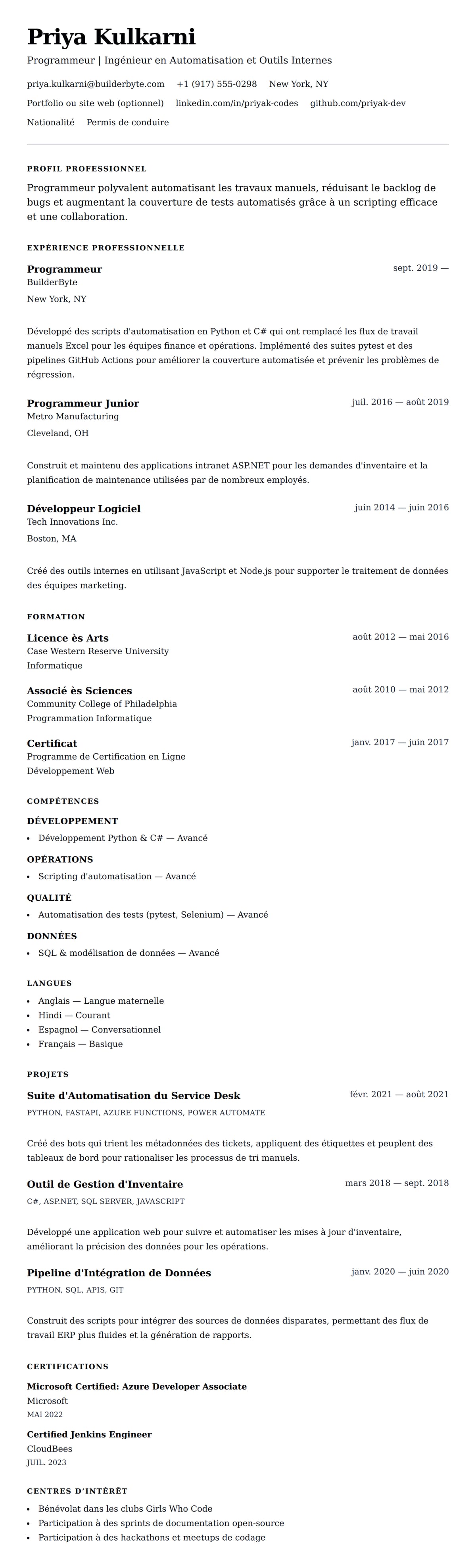 Aperçu du CV Exemple de CV de Programmeur