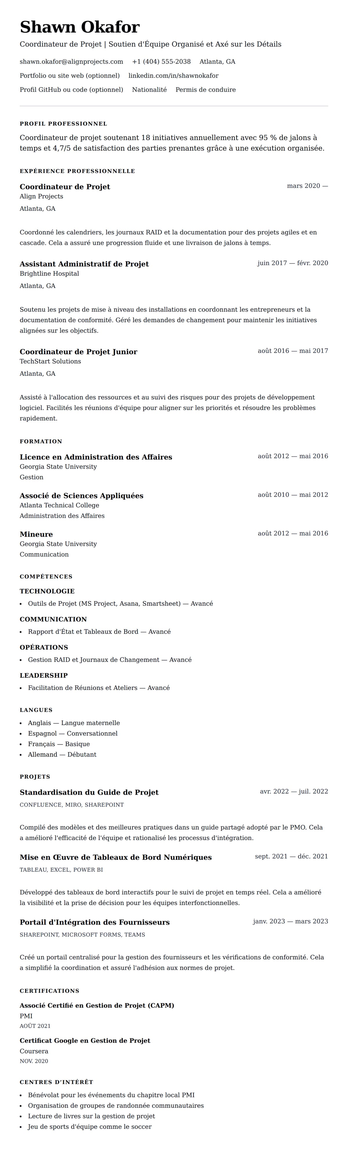 Aperçu du CV Exemple de CV de Coordinateur de Projet