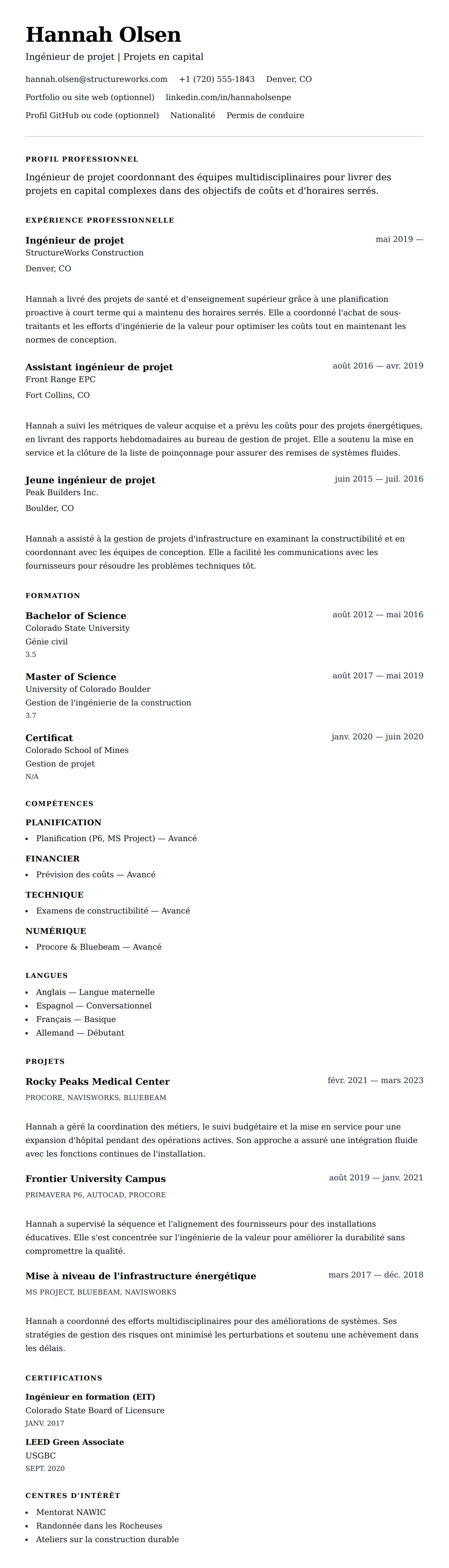 Aperçu du CV Exemple de CV d'Ingénieur de projet