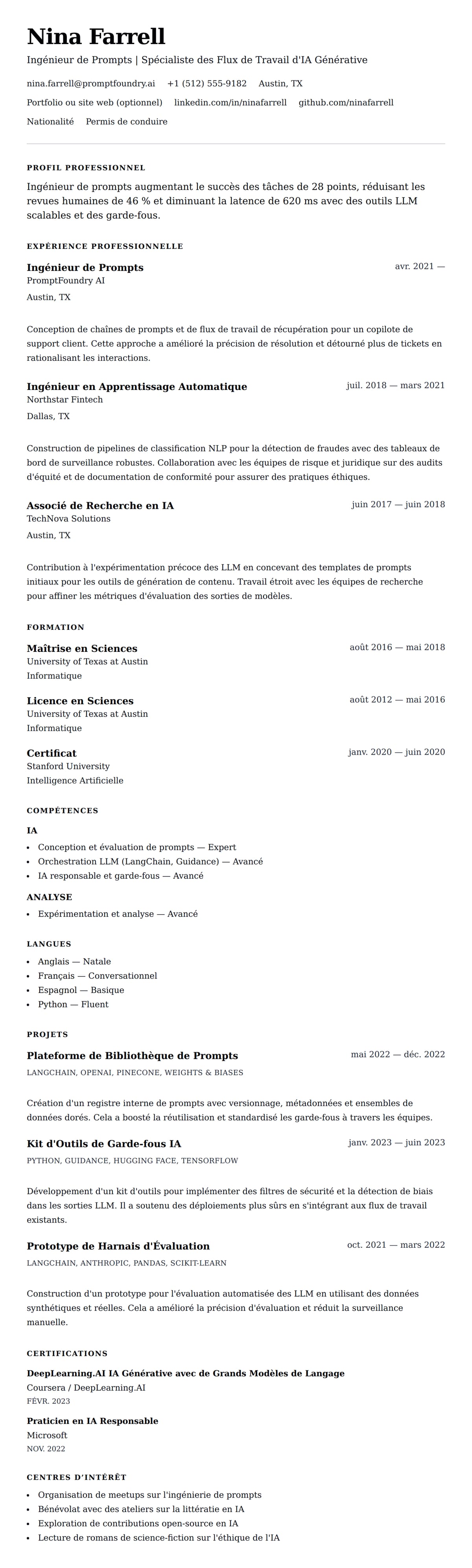 Aperçu du CV Exemple de CV d'Ingénieur de Prompts