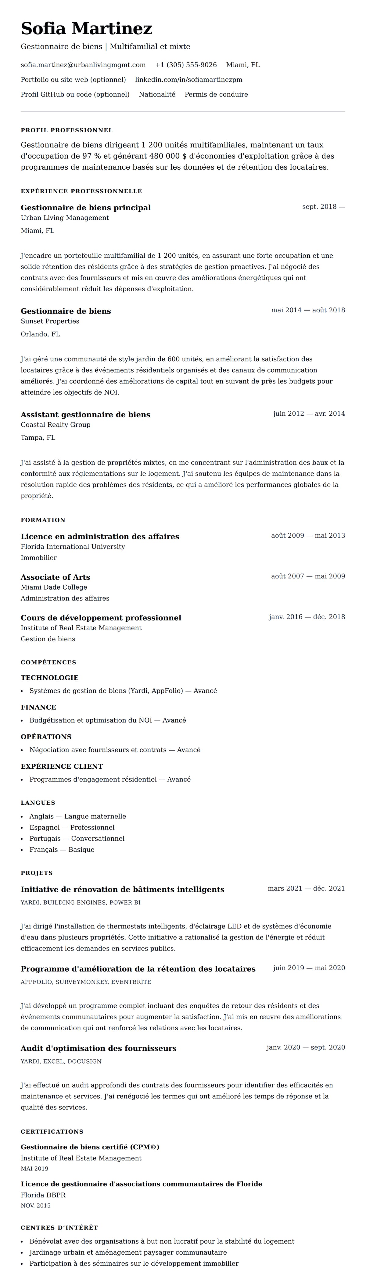 Aperçu du CV Exemple de CV de Gestionnaire de biens