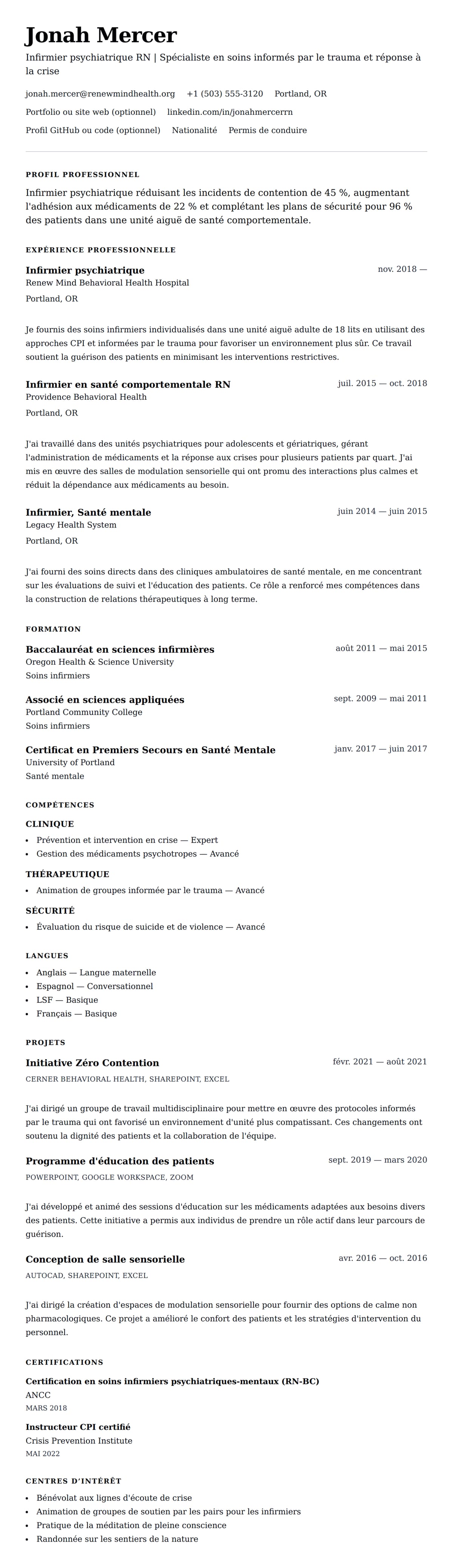 Aperçu du CV Exemple de CV d'infirmier psychiatrique