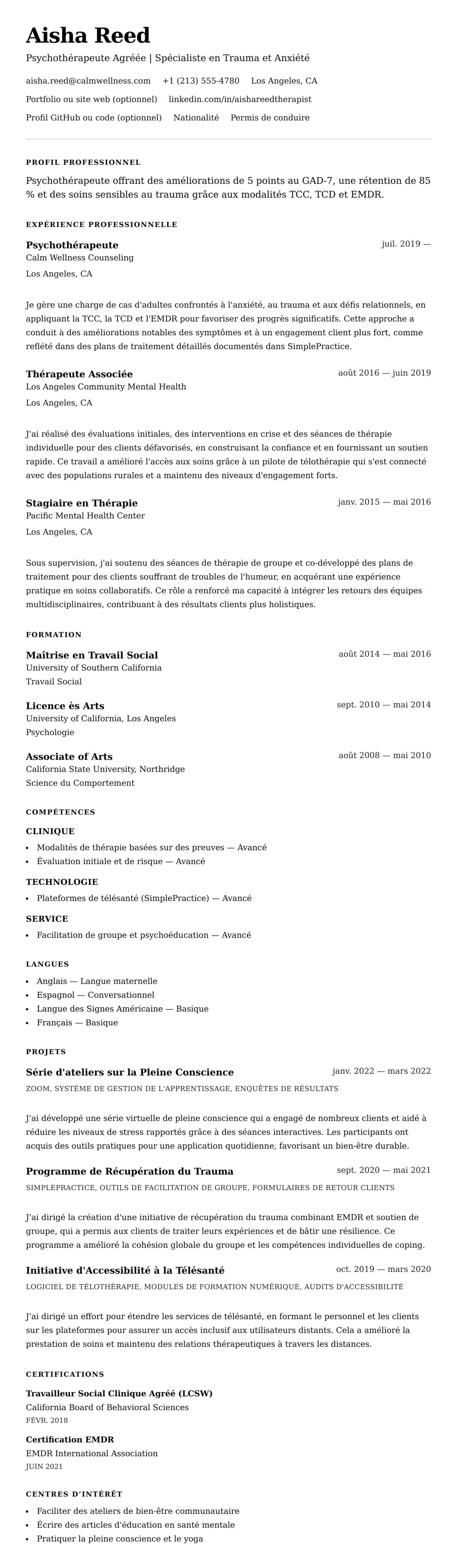 Aperçu du CV Exemple de CV de Psychothérapeute