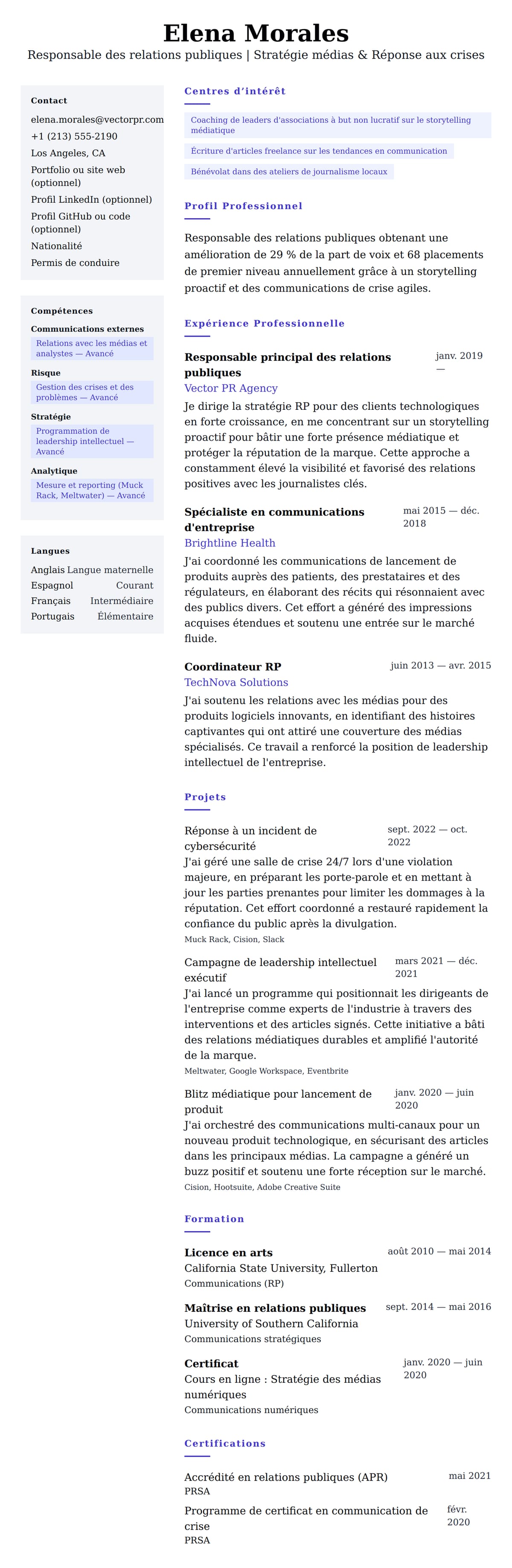 Aperçu du CV Exemple de CV de Responsable des relations publiques