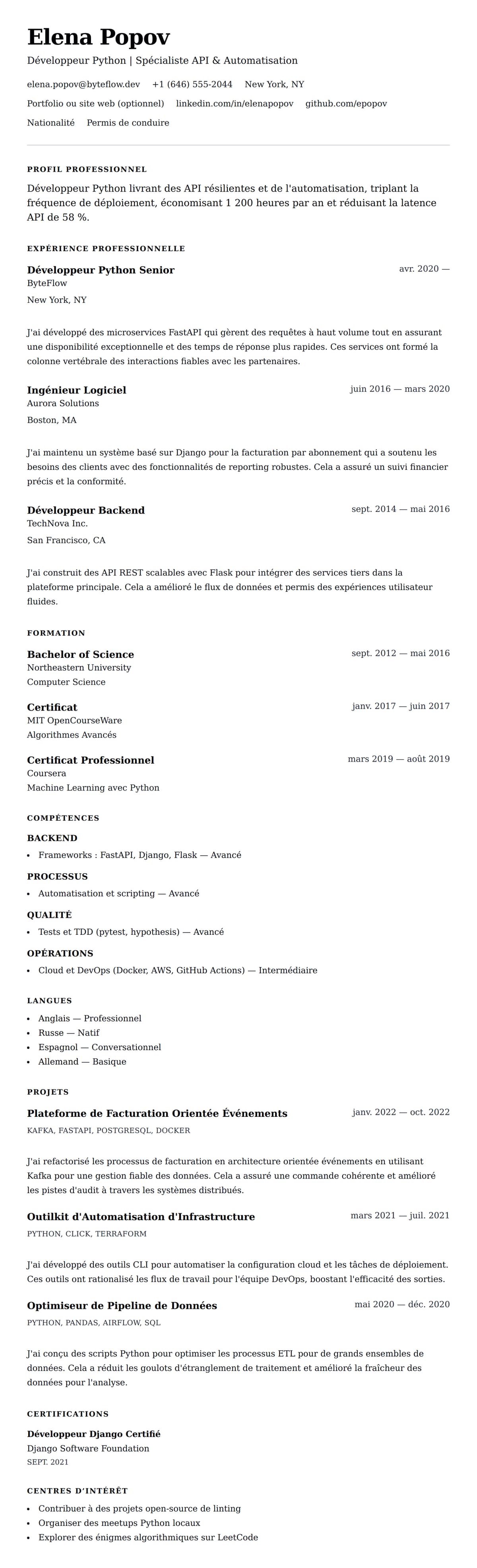 Aperçu du CV Exemple de CV de Développeur Python