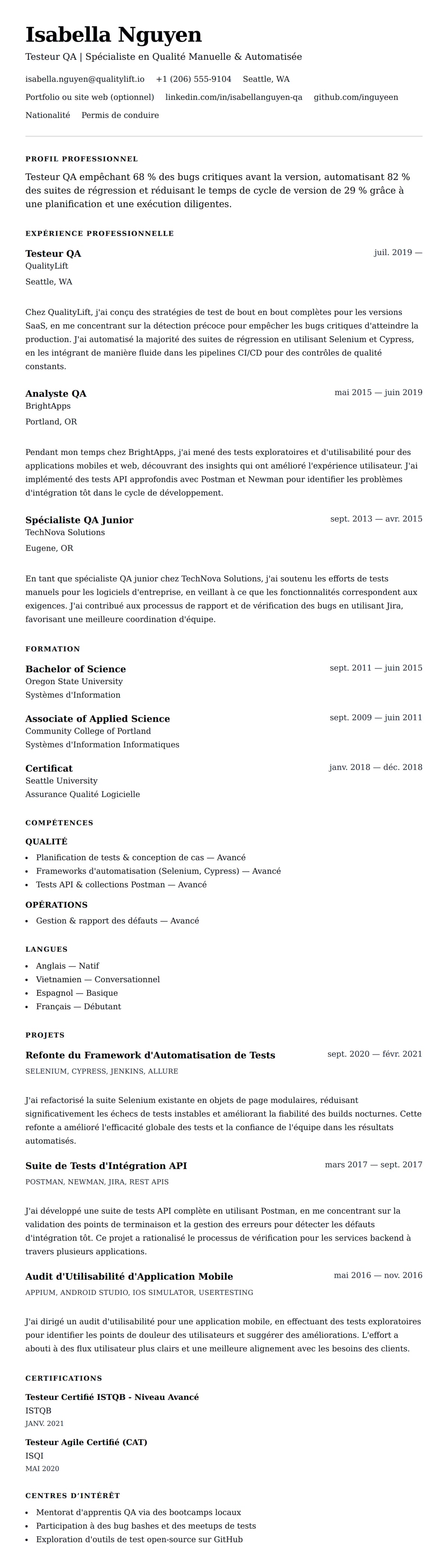 Aperçu du CV Exemple de CV de Testeur QA