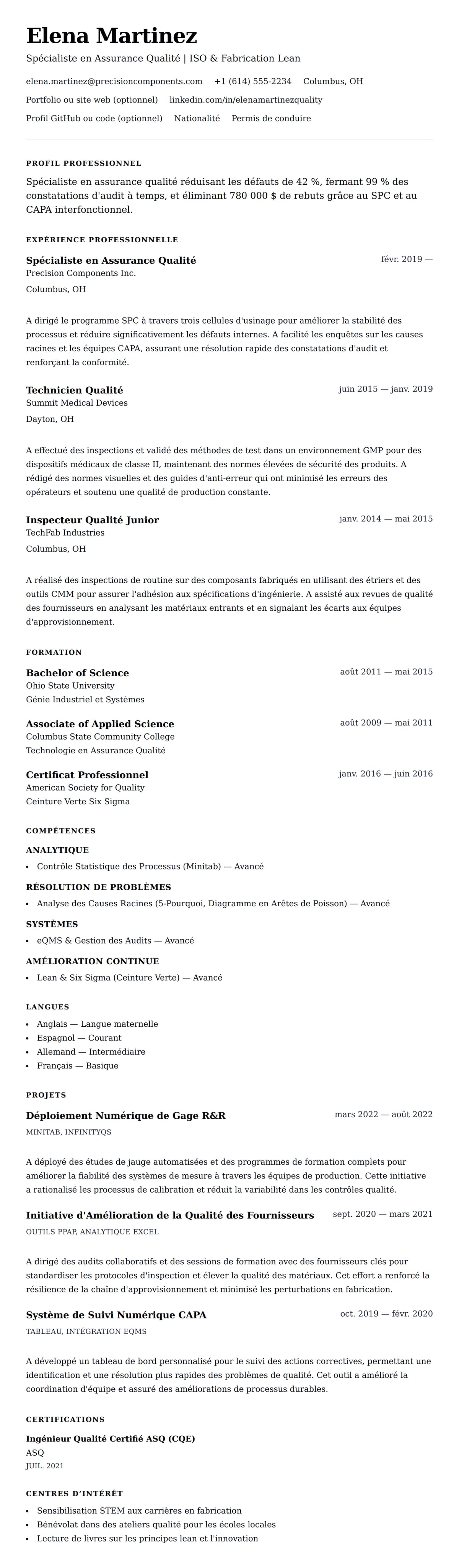 Aperçu du CV Exemple de CV de Spécialiste en Assurance Qualité