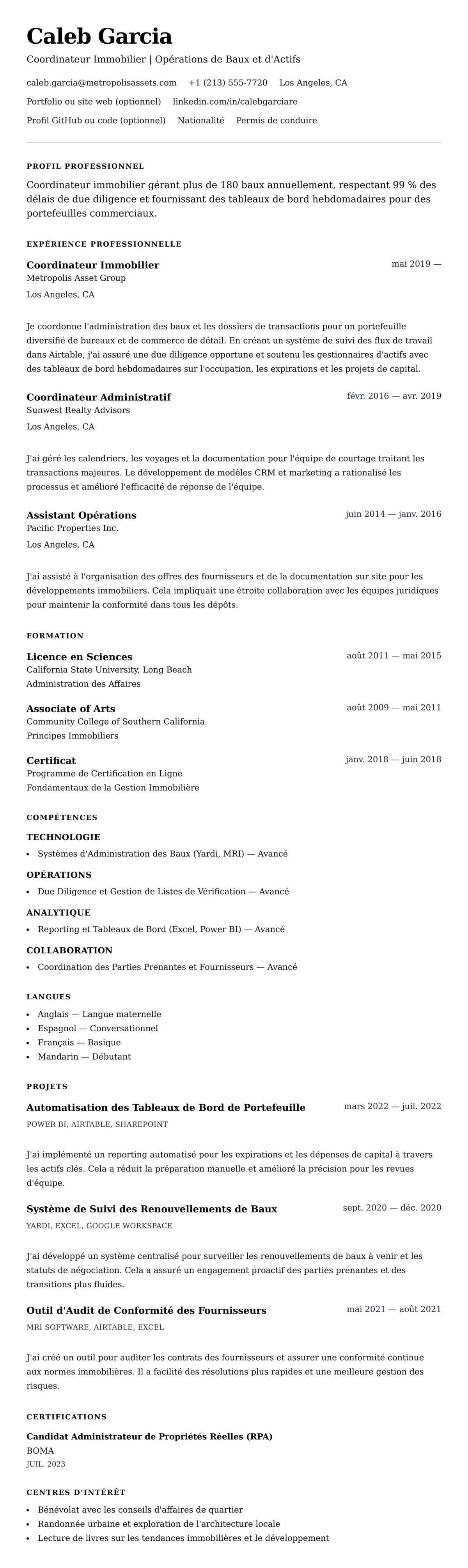 Aperçu du CV Exemple de CV de Coordinateur Immobilier