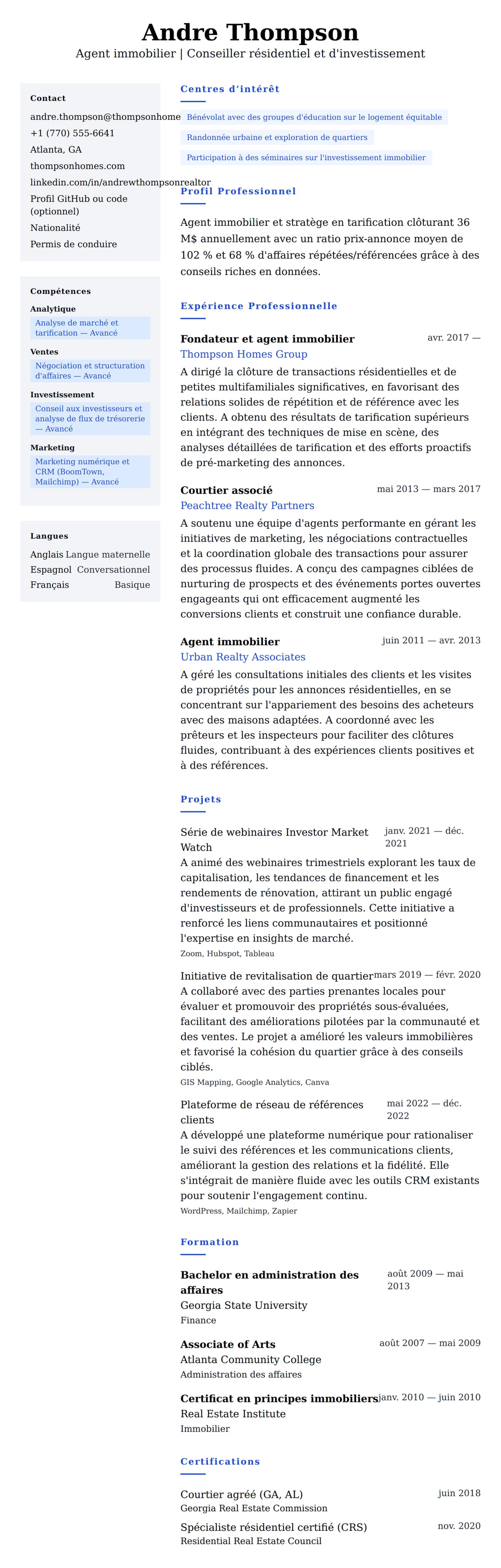 Aperçu du CV Exemple de CV d'agent immobilier