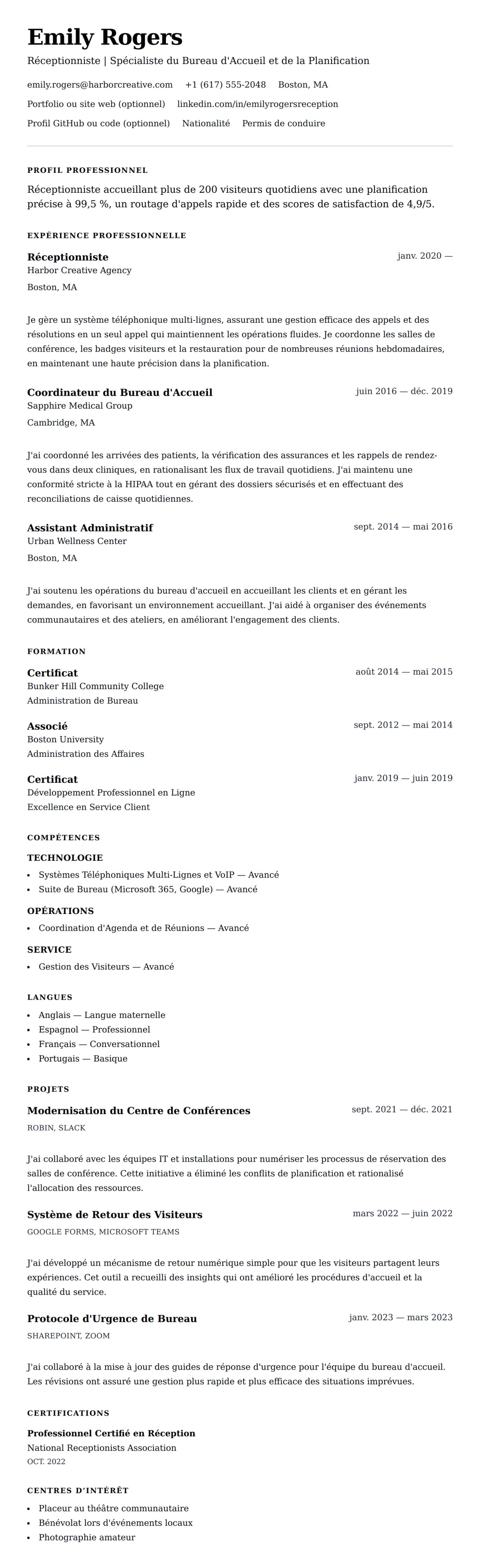 Aperçu du CV Exemple de CV de Réceptionniste