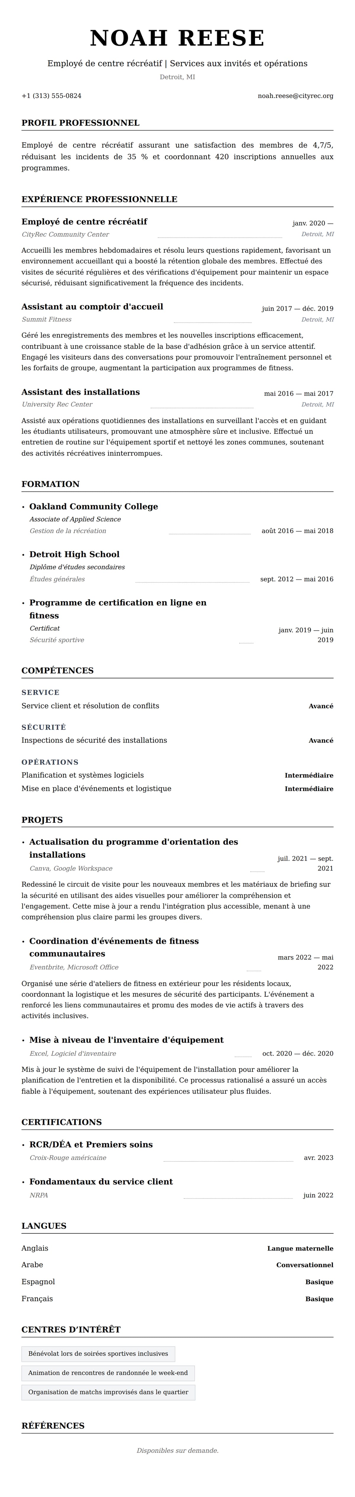 Aperçu du CV Exemple de CV d'employé de centre récréatif