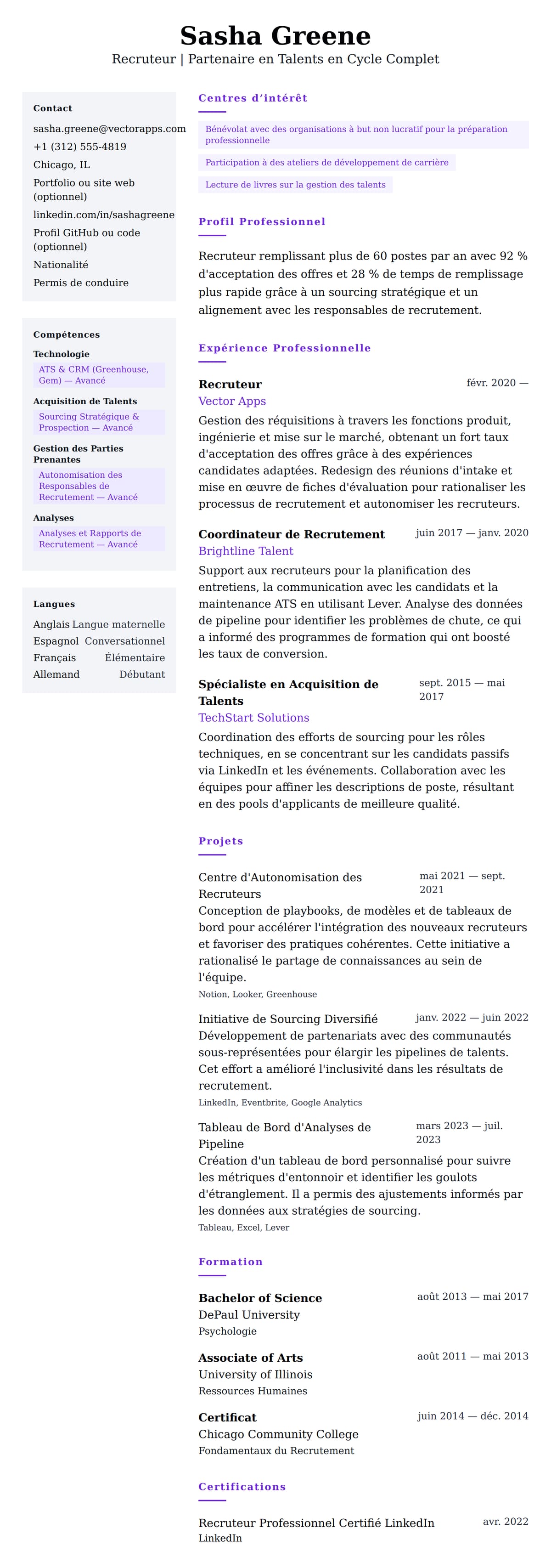 Aperçu du CV Exemple de CV de Recruteur