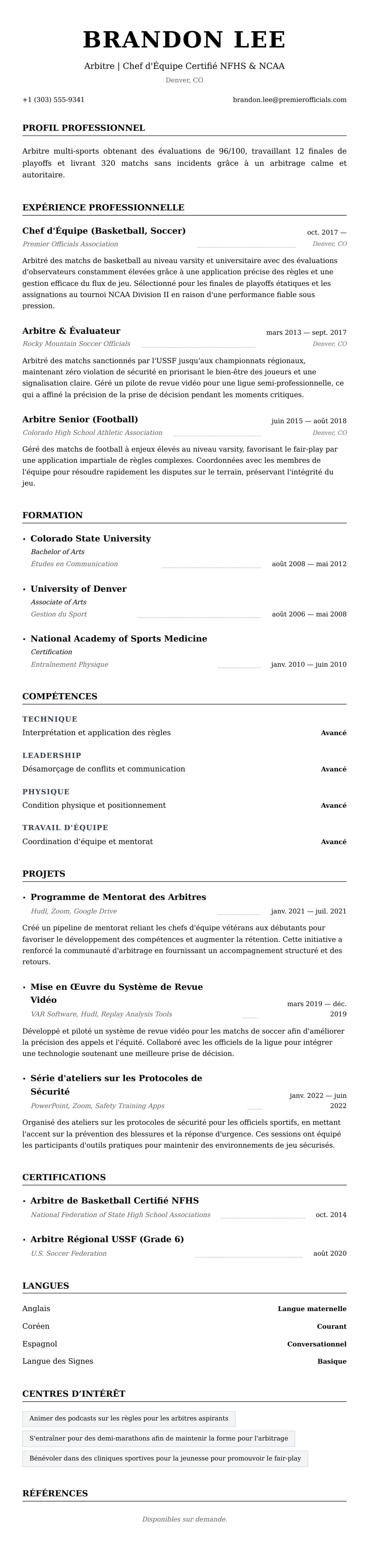 Aperçu du CV Exemple de CV d'Arbitre