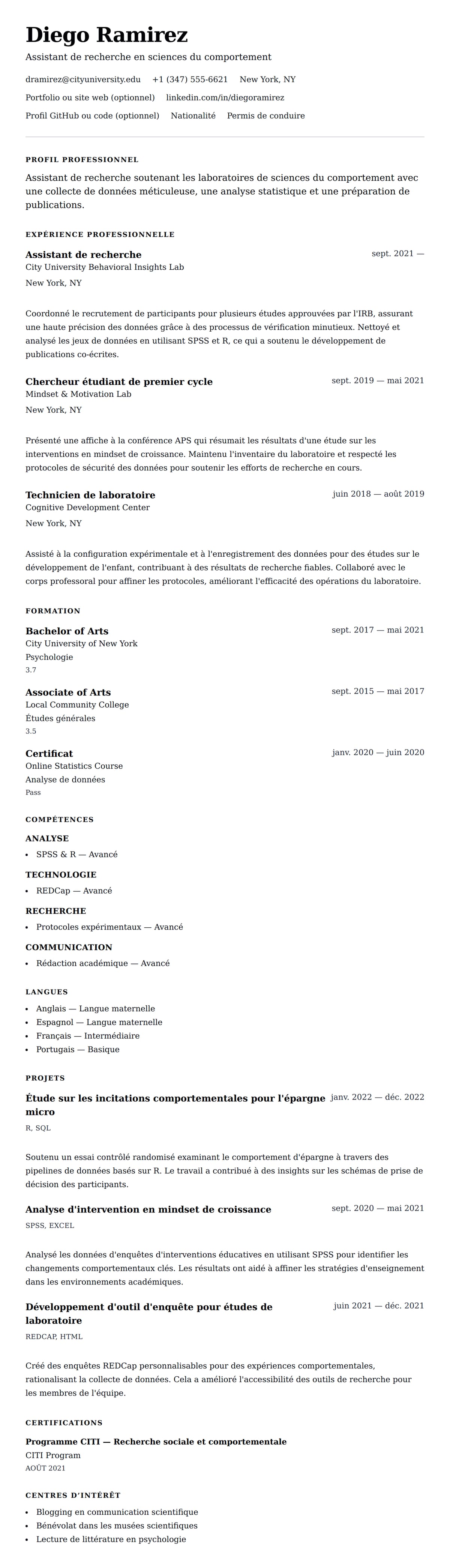 Aperçu du CV Exemple de CV pour Assistant de recherche