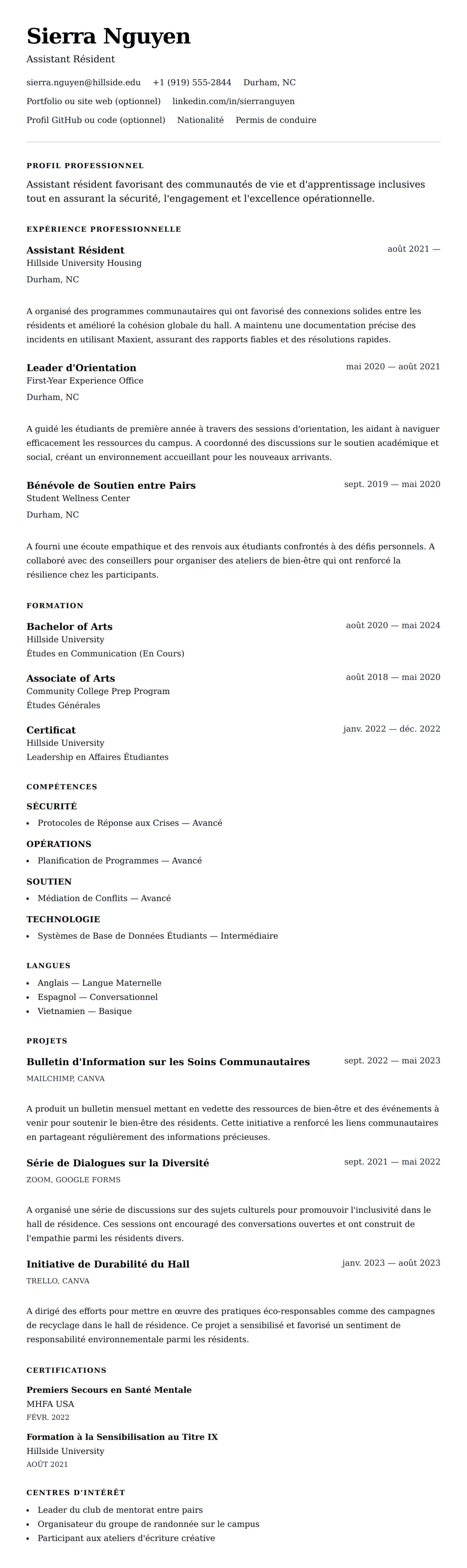 Aperçu du CV Exemple de CV pour Assistant Résident