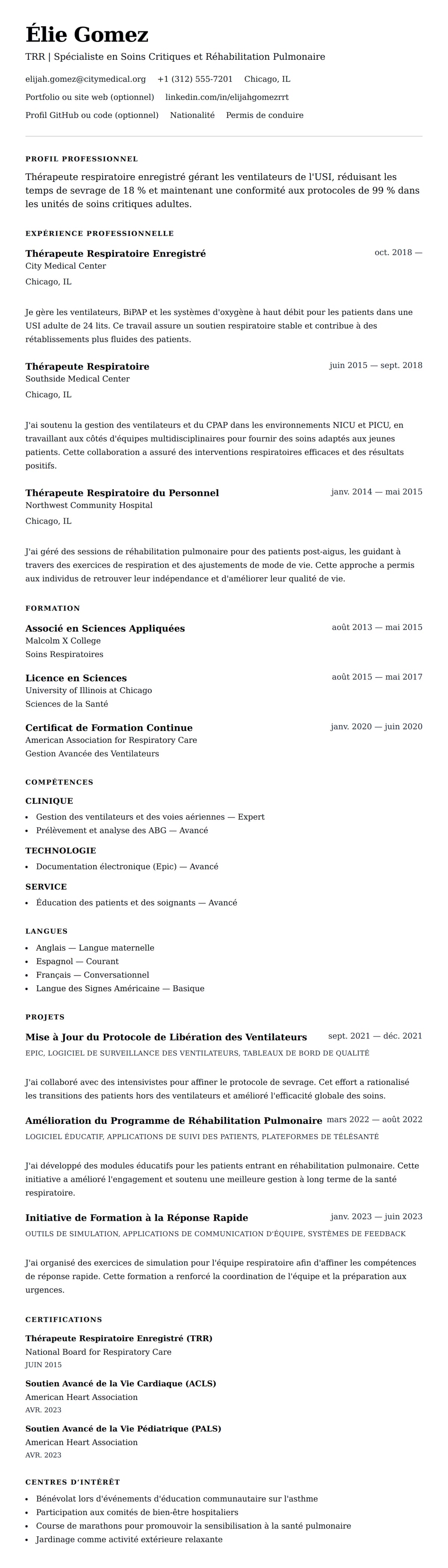 Aperçu du CV Exemple de CV de Thérapeute Respiratoire