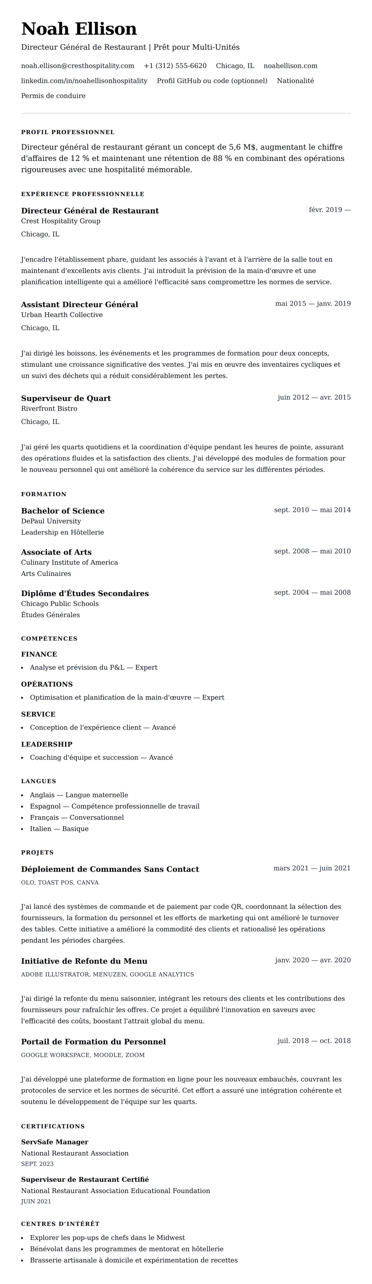 Aperçu du CV Exemple de CV de Directeur de Restaurant