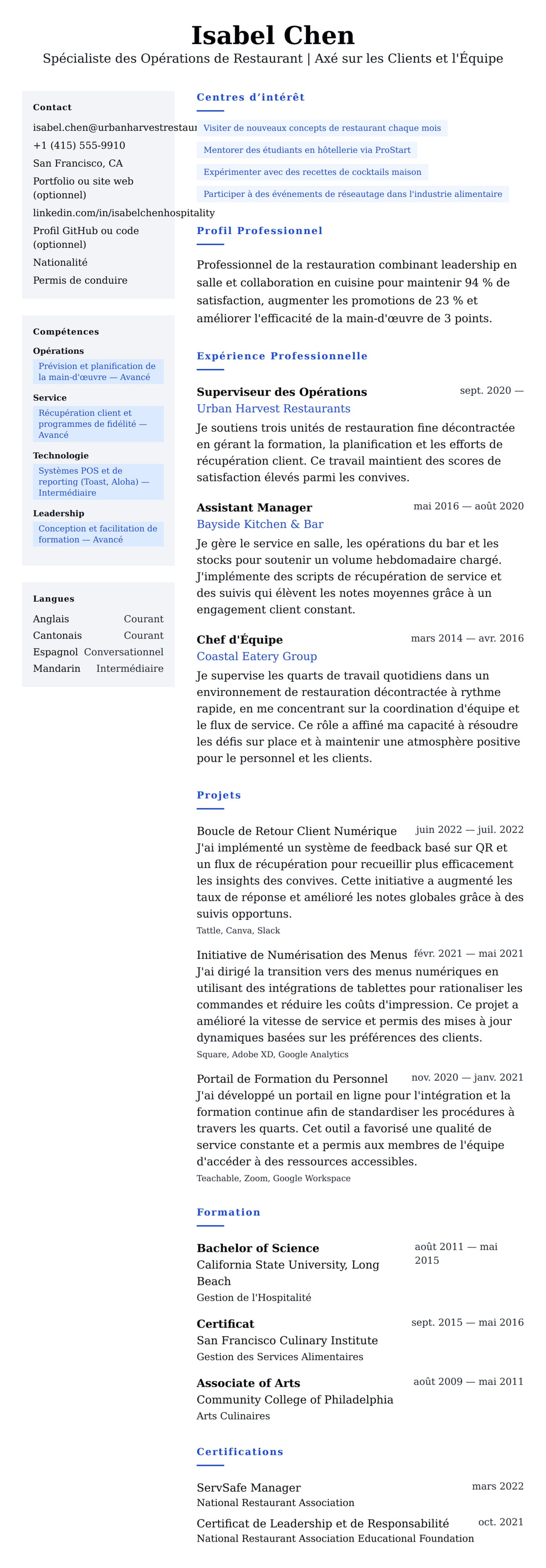 Aperçu du CV Exemple de CV de Professionnel de la Restauration