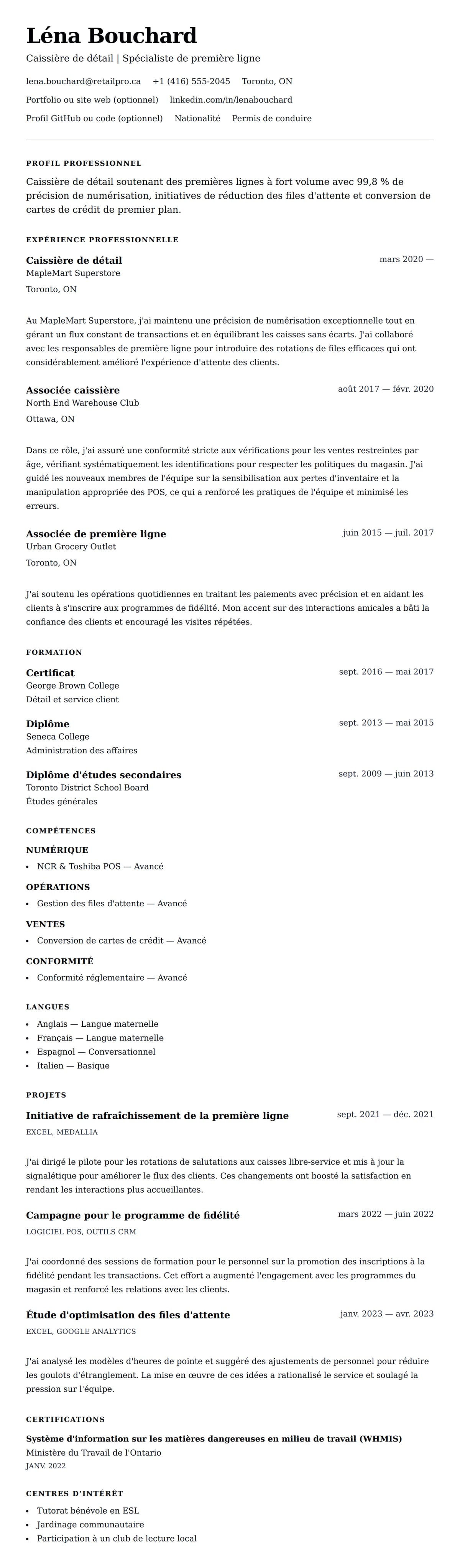 Aperçu du CV Exemple de CV pour caissier de détail