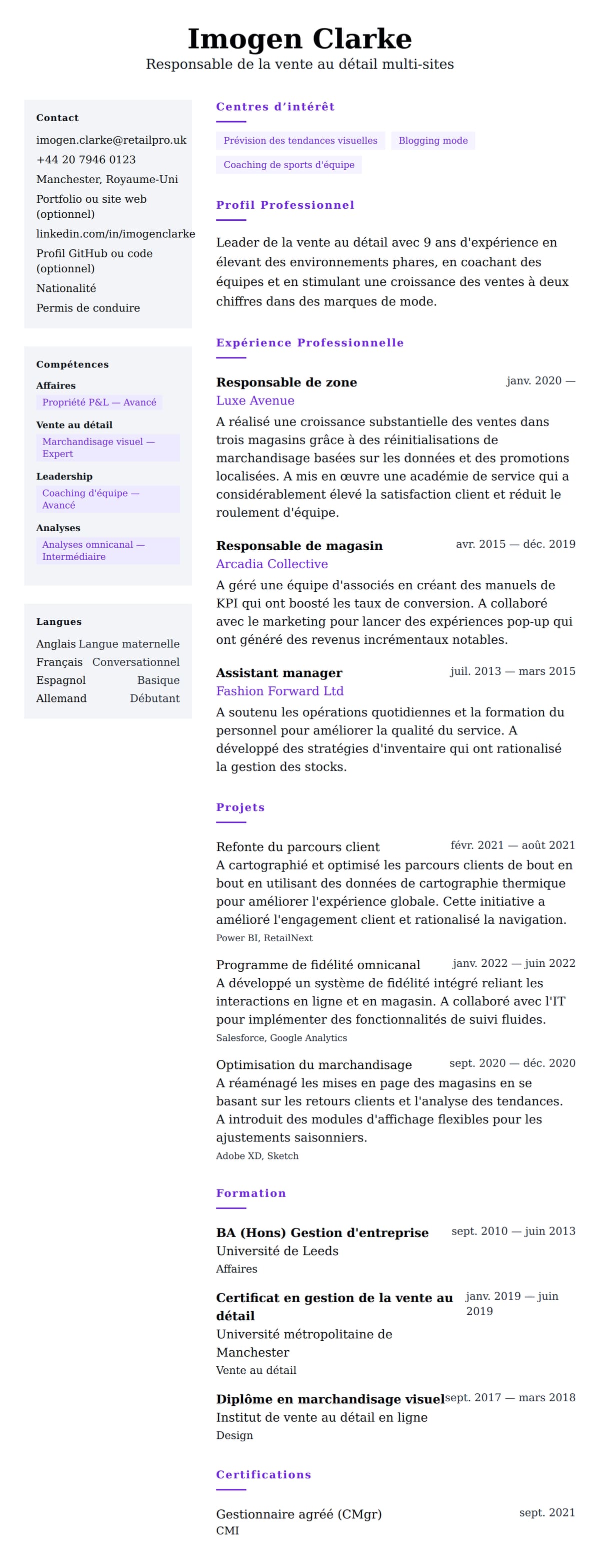 Aperçu du CV Exemple de CV de Responsable de la vente au détail