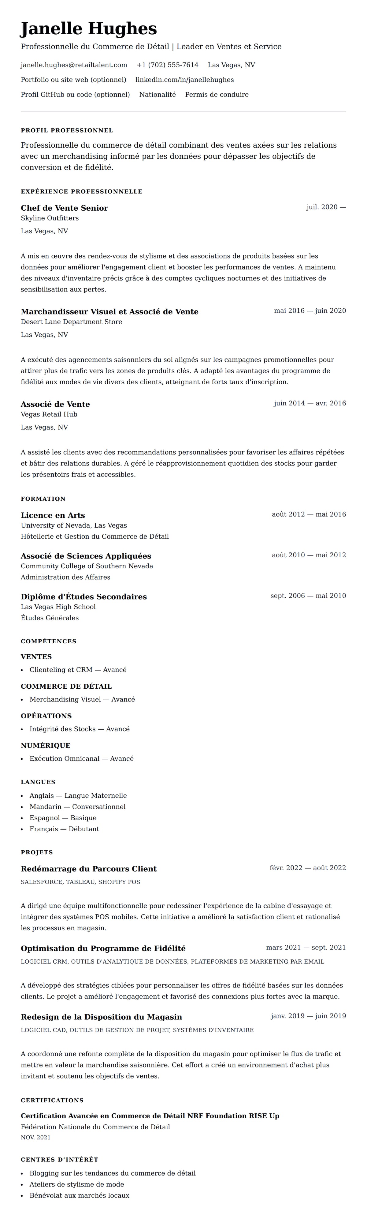 Aperçu du CV Exemple de CV de Professionnel du Commerce de Détail