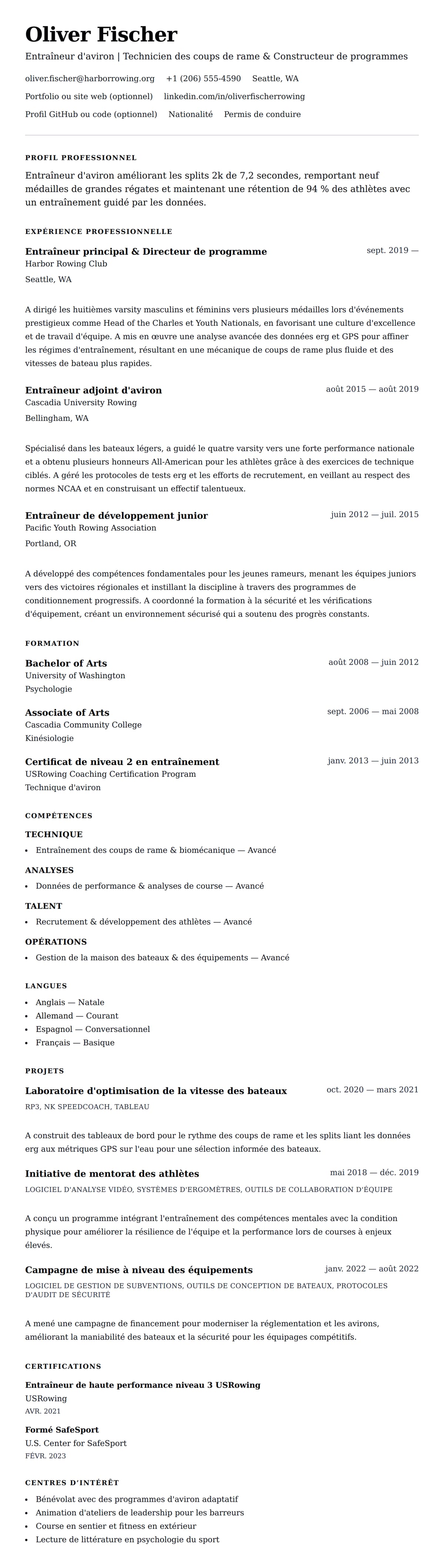 Aperçu du CV Exemple de CV d'Entraîneur d'Aviron