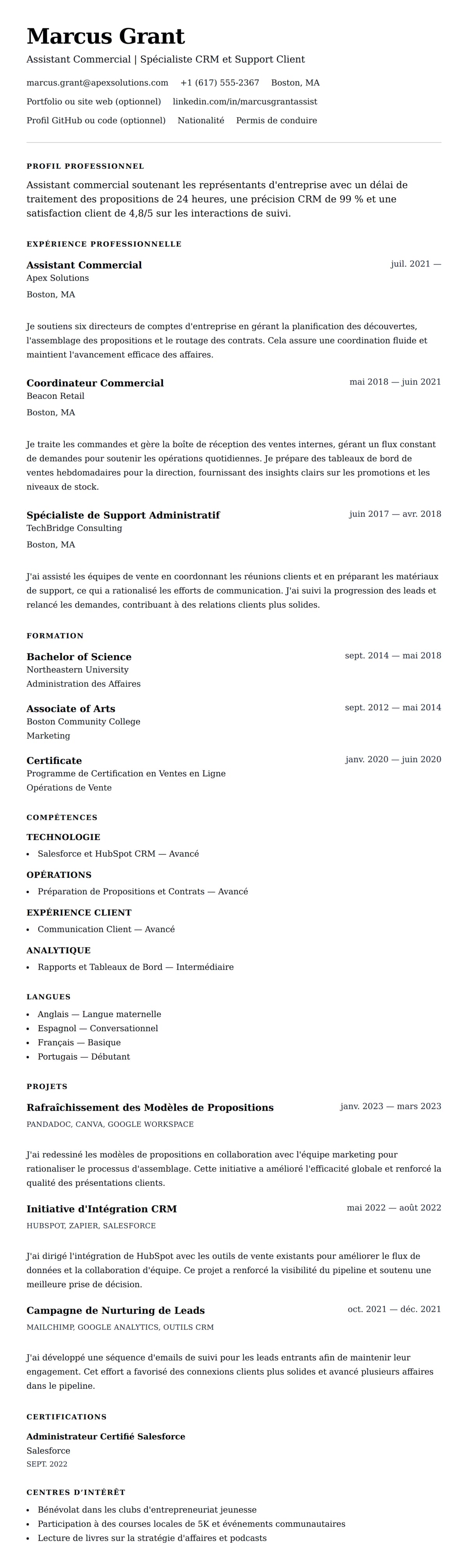 Aperçu du CV Exemple de CV pour Assistant Commercial
