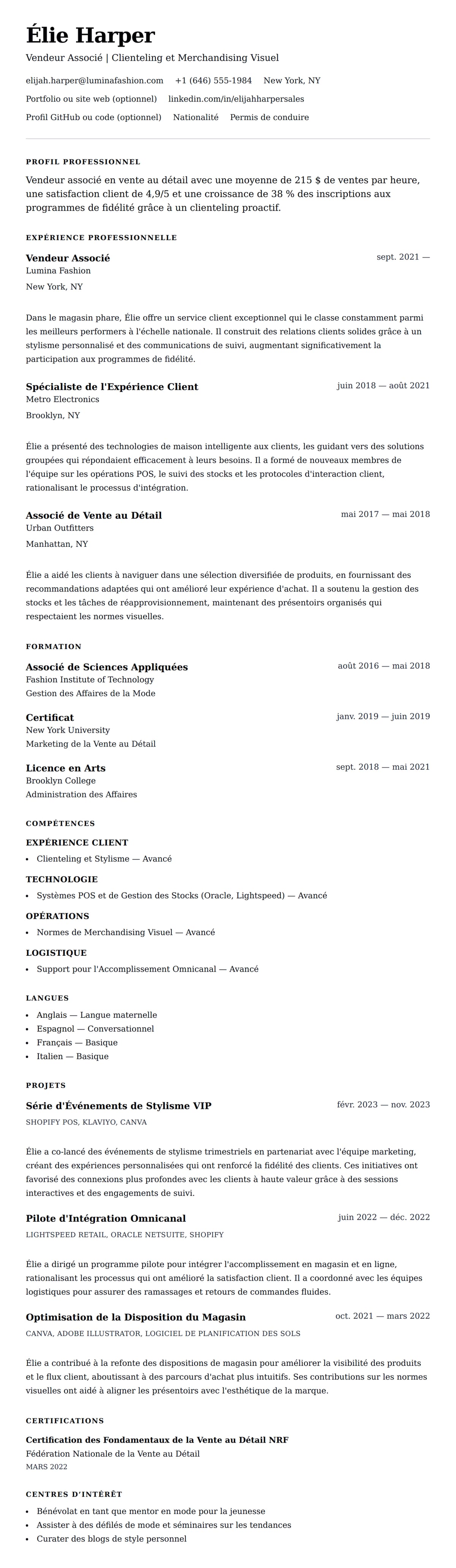 Aperçu du CV Exemple de CV de Vendeur Associé