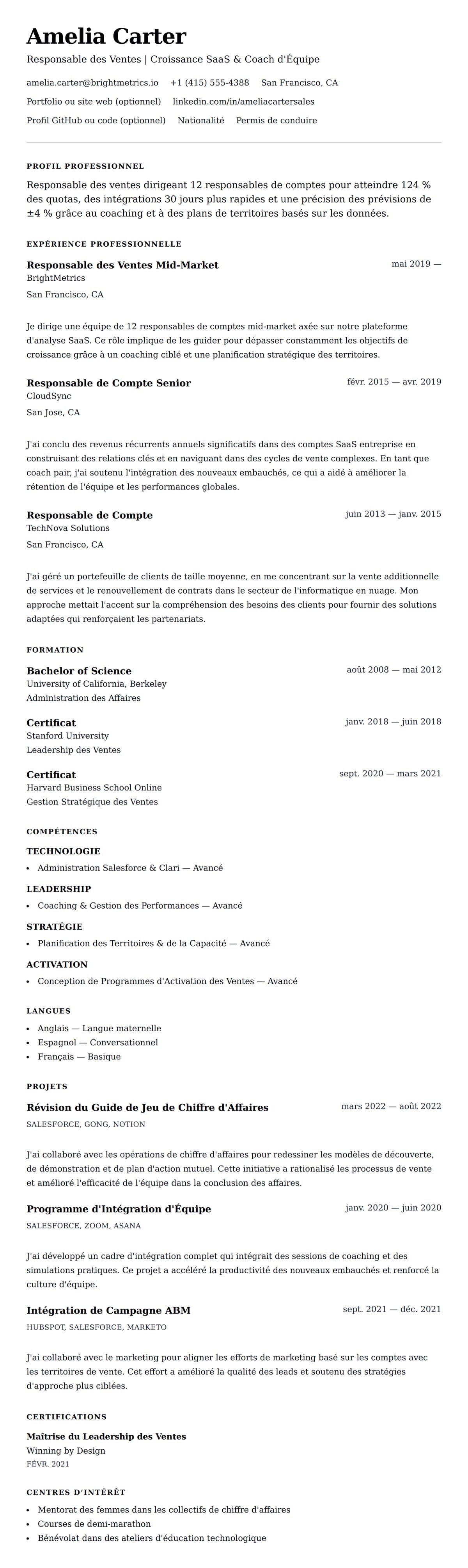 Aperçu du CV Exemple de CV de Responsable des Ventes