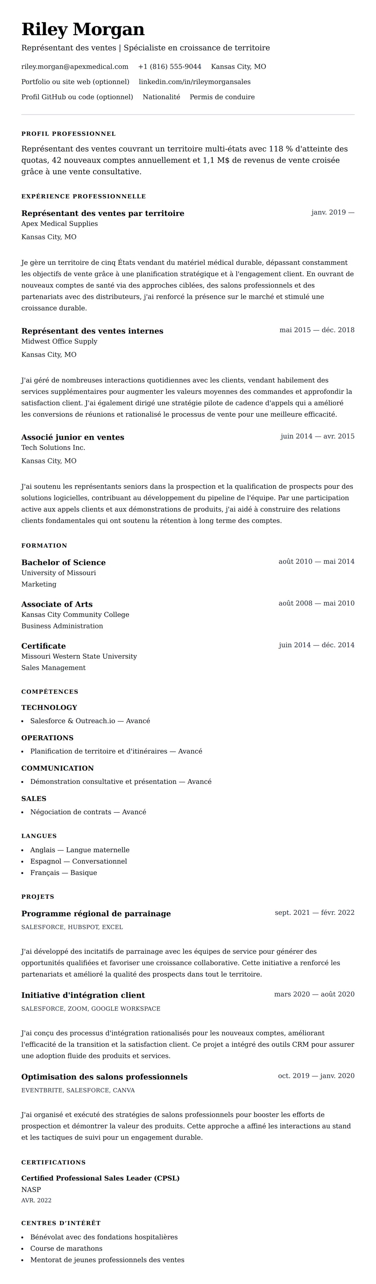Aperçu du CV Exemple de CV de Représentant des ventes