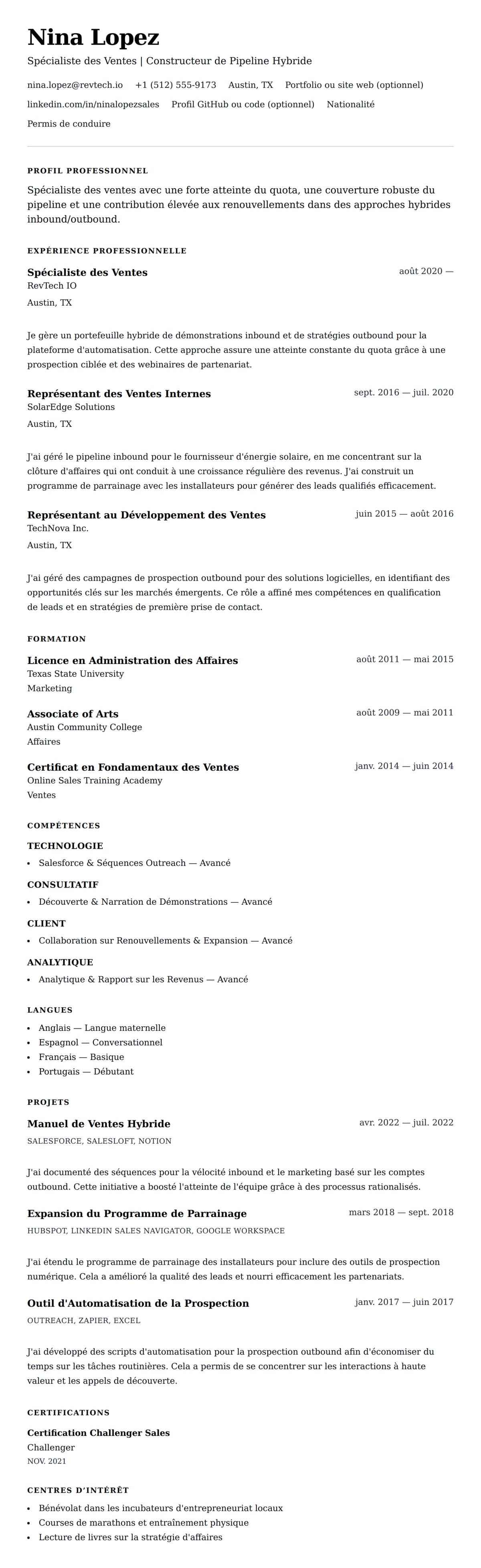 Aperçu du CV Exemple de CV de Spécialiste des Ventes