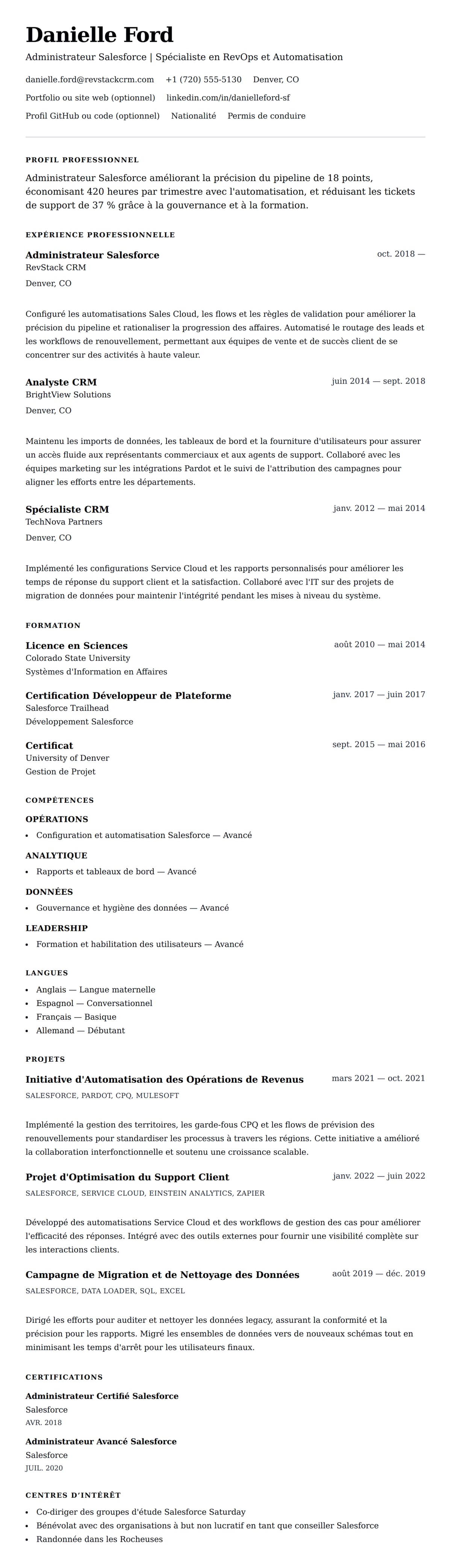 Aperçu du CV Exemple de CV d'Administrateur Salesforce